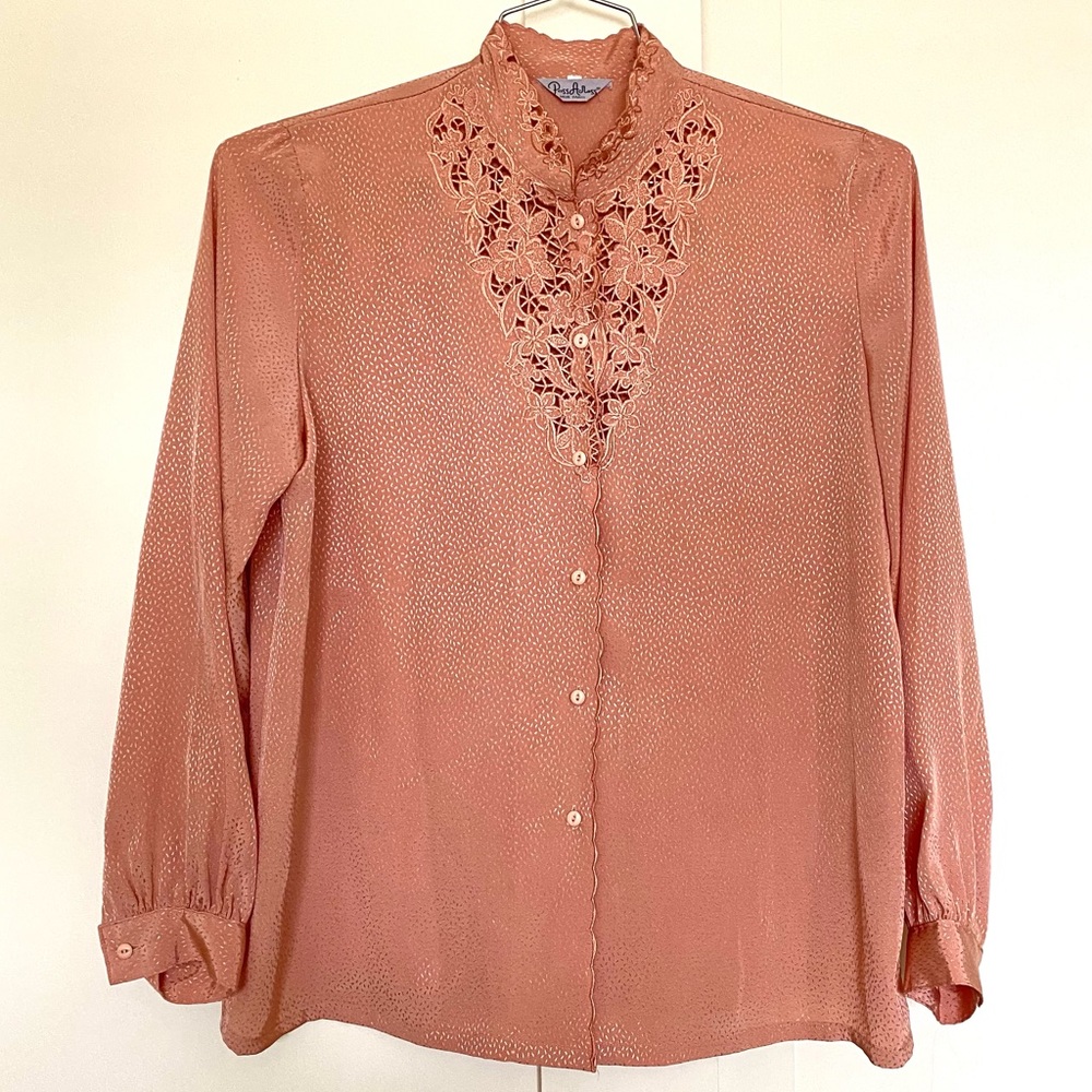 Vintage Japanese silky floral blouse with embroidered lace